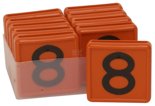 Halsmærke orange, nummer 8, 10 stk, 40 mm, sorte tal