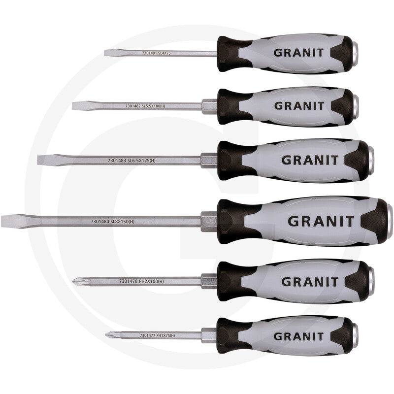 Skruetrækker-sæt med slagkerne:
6 dele Granit black edition
