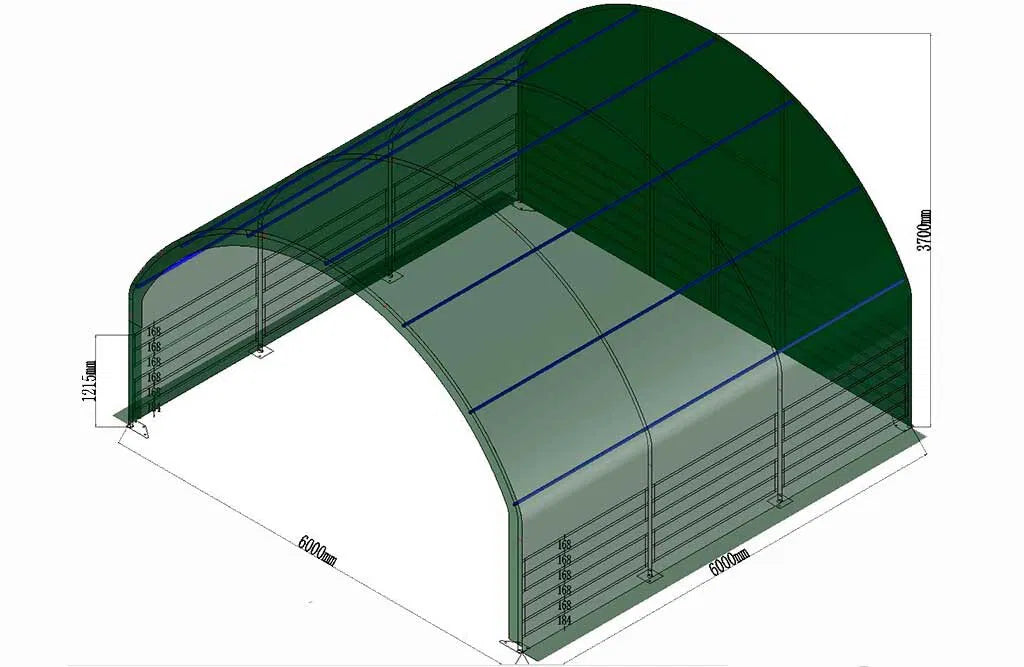 Læskur, 6 x 6 x 3,7 m, med åben front