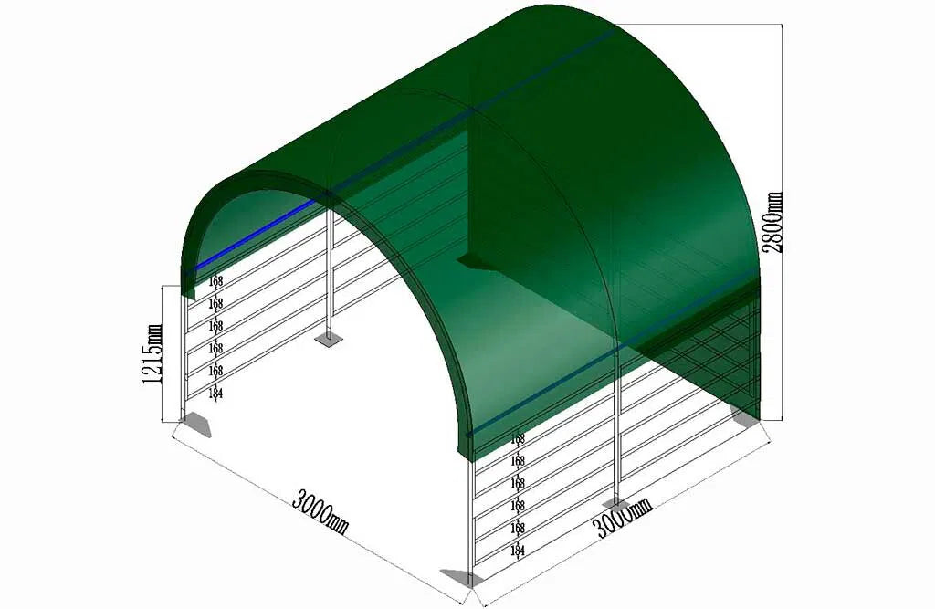 Læskur, 3 x 3 x 2,8 m, med åbne sider