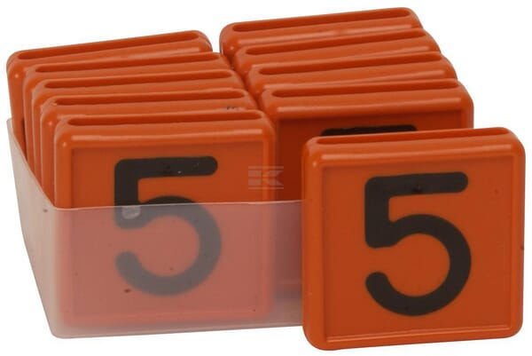 Halsmærke orange, nummer 5, 10 stk., 40 mm, sorte tal