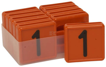 Halsmærke orange nr. 1, 40 mm med sorte tal, 10 stk.
